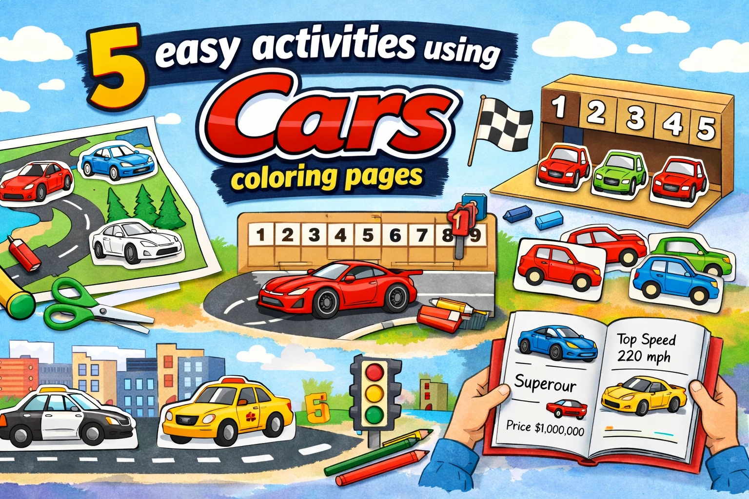 Activities with cars coloring pages