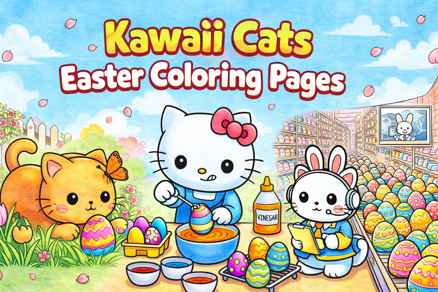 Kawaii Cats Easter Coloring Pages