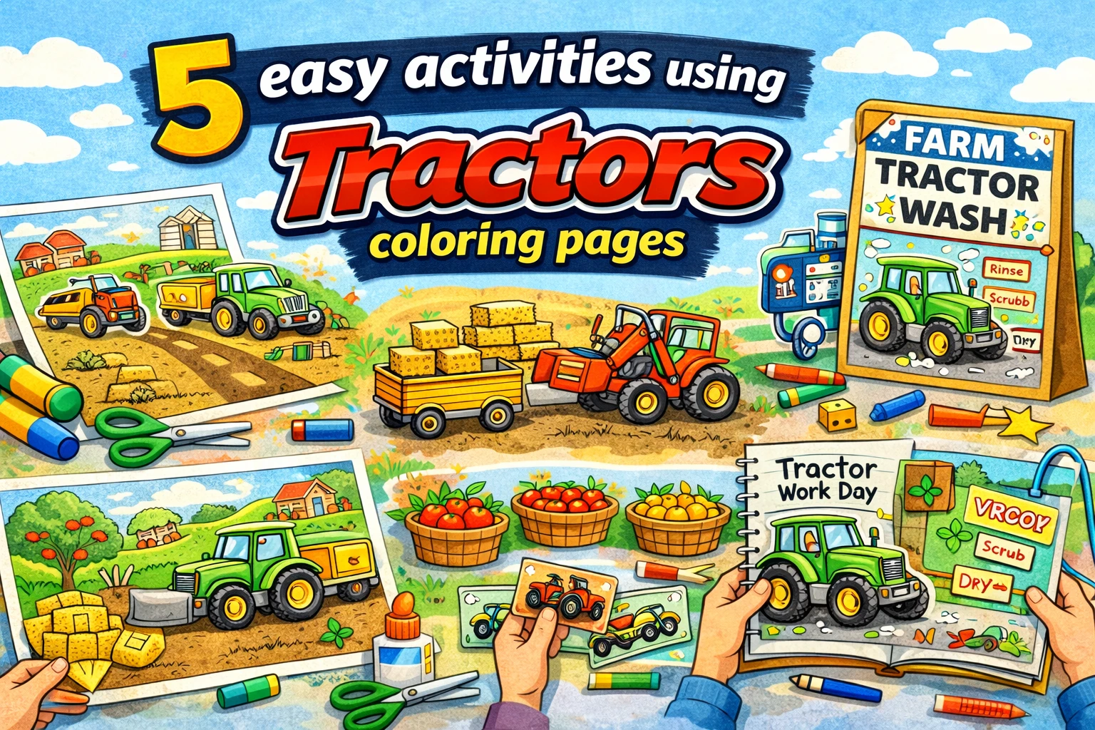 Activities with tractor coloring pages